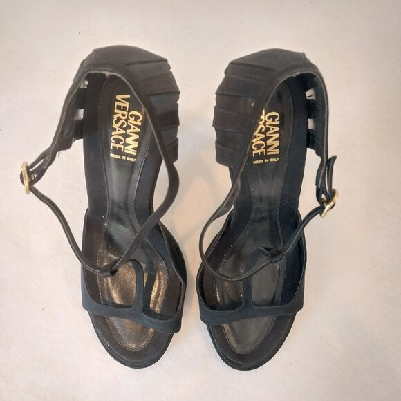 Gianni Versace 4.5" Heels Sandals Womens 37 / 7 Black Satin Mesh T Strap Italy - Picture 8 of 10